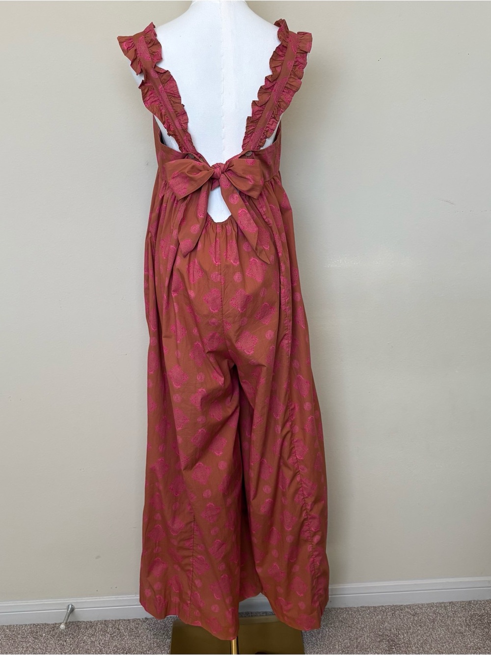 Free People Katya Printed Jumpsuit Boho Wide Leg Ruffle Strap Back Bow Tie - Picture 4 of 9